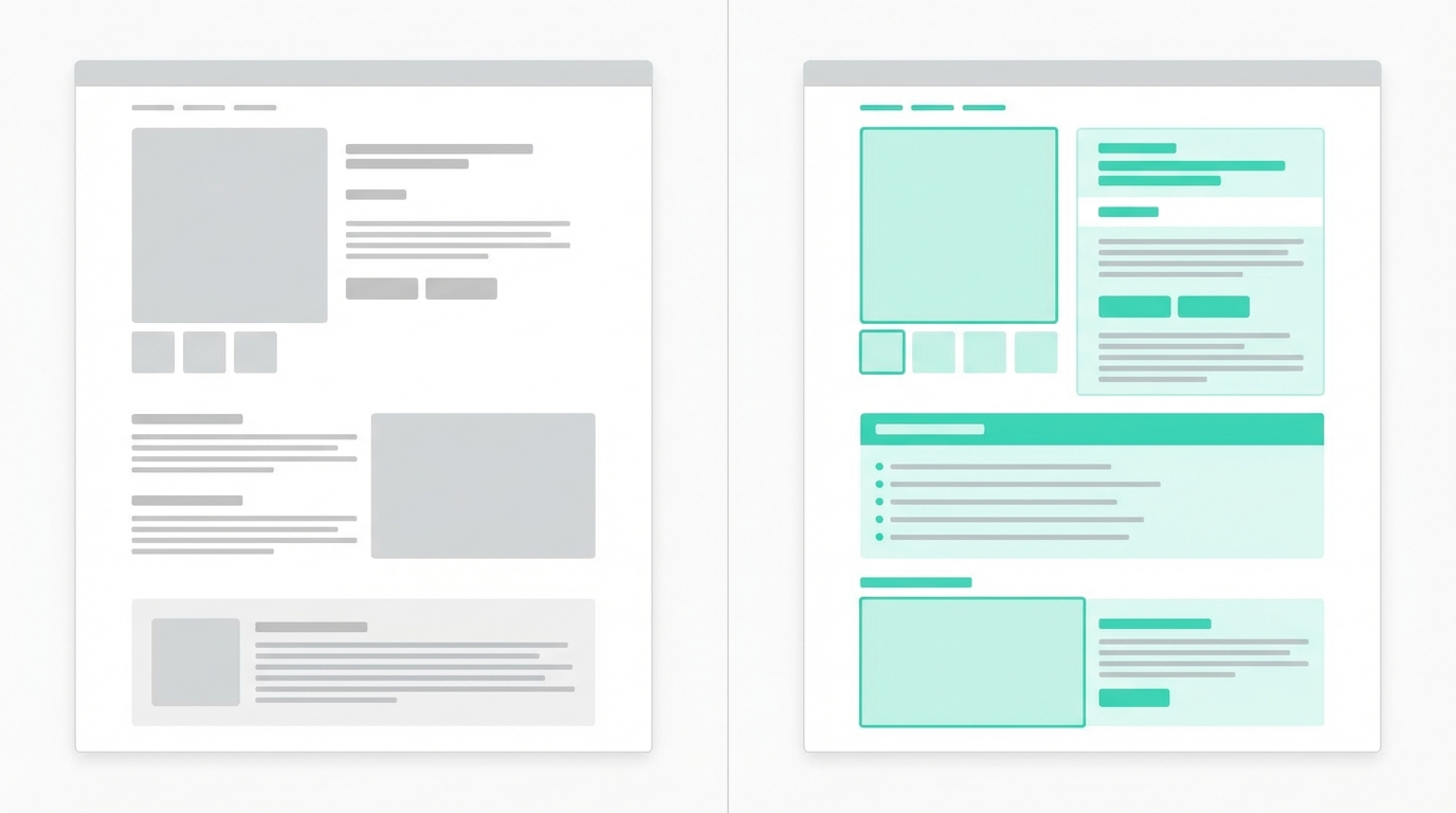 Before and after comparison of a product page optimized for AI recommendations